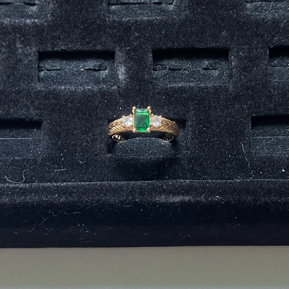 Emerald Cut Green 3-Stone Ring - Size 7, Gold Tone - Picture 9 of 15